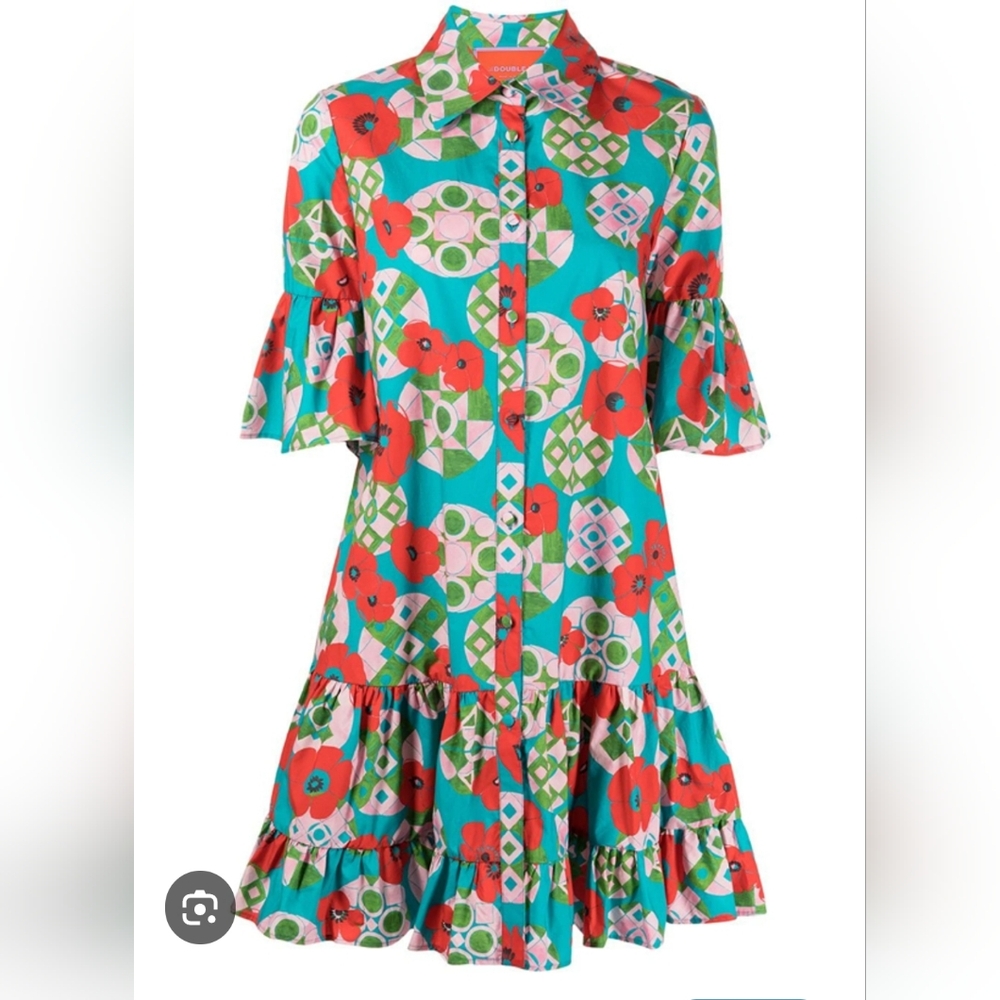 LA DoubleJ Teal Dress with Red Floral Print